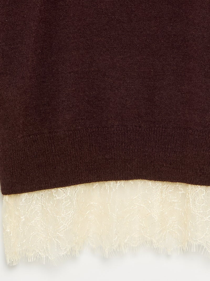 Jersey liso de punto fino con bajo de encaje Marron - Kiabi