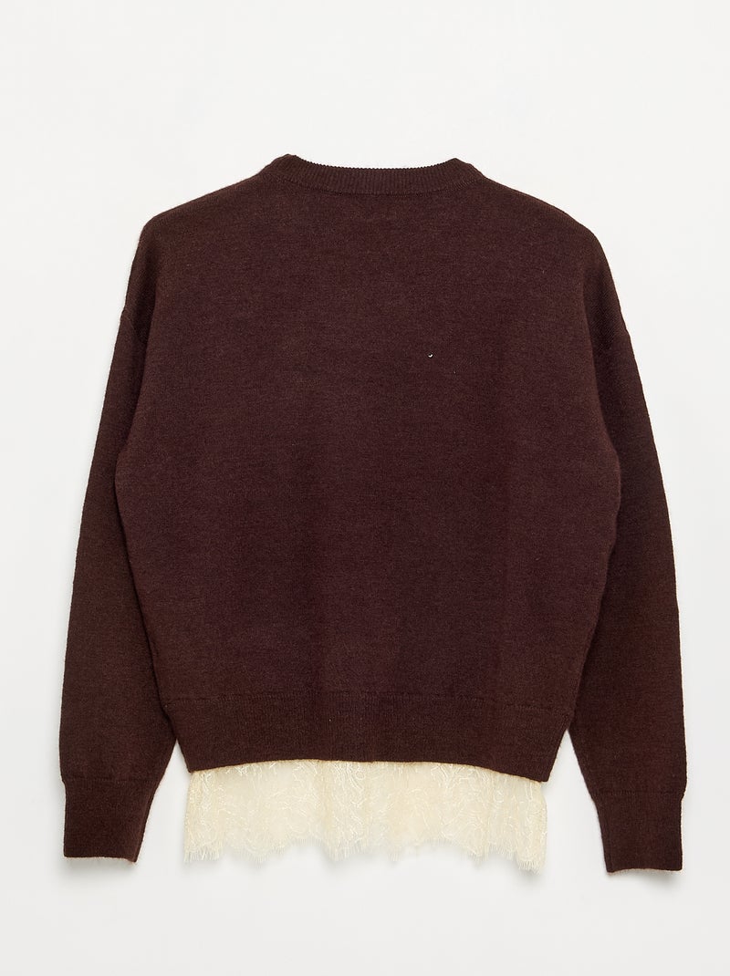 Jersey liso de punto fino con bajo de encaje Marron - Kiabi