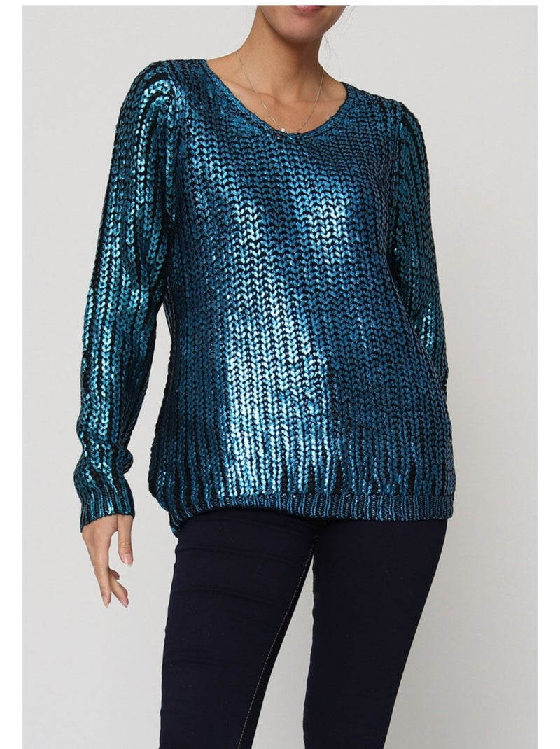 Jersey metálico con cuello de pico Kebello Azul - Kiabi