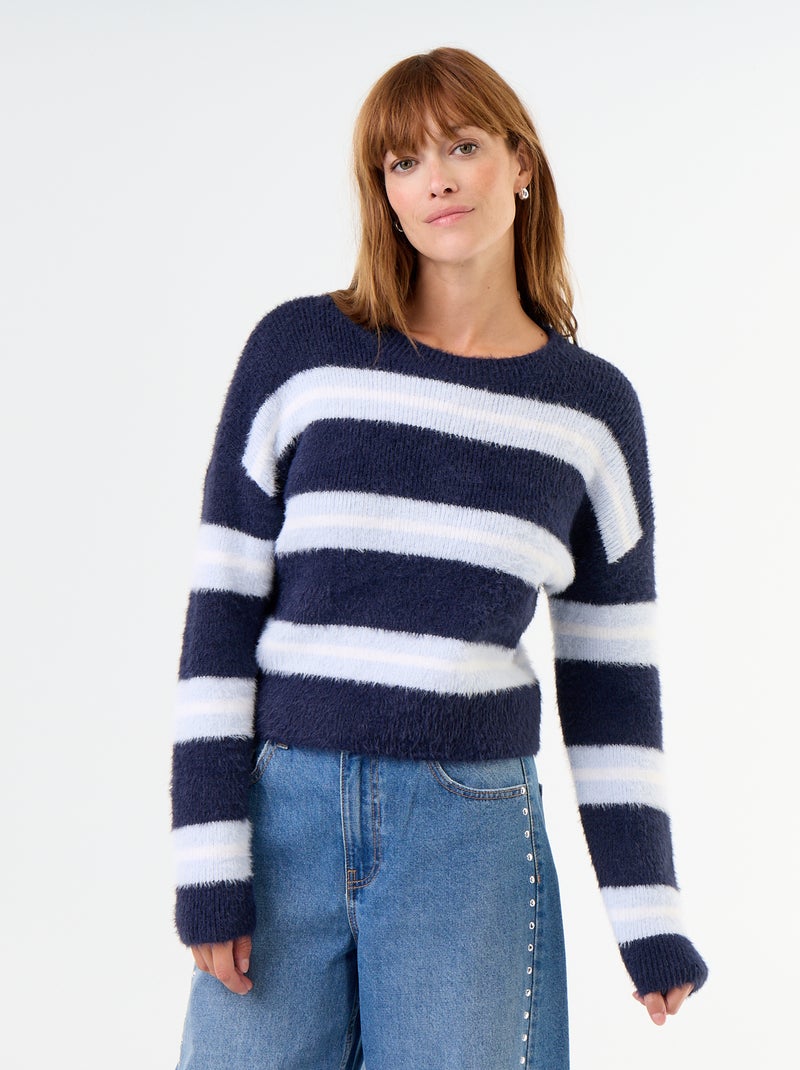 Jersey peludo rayado de cuello redondo Azul - Kiabi