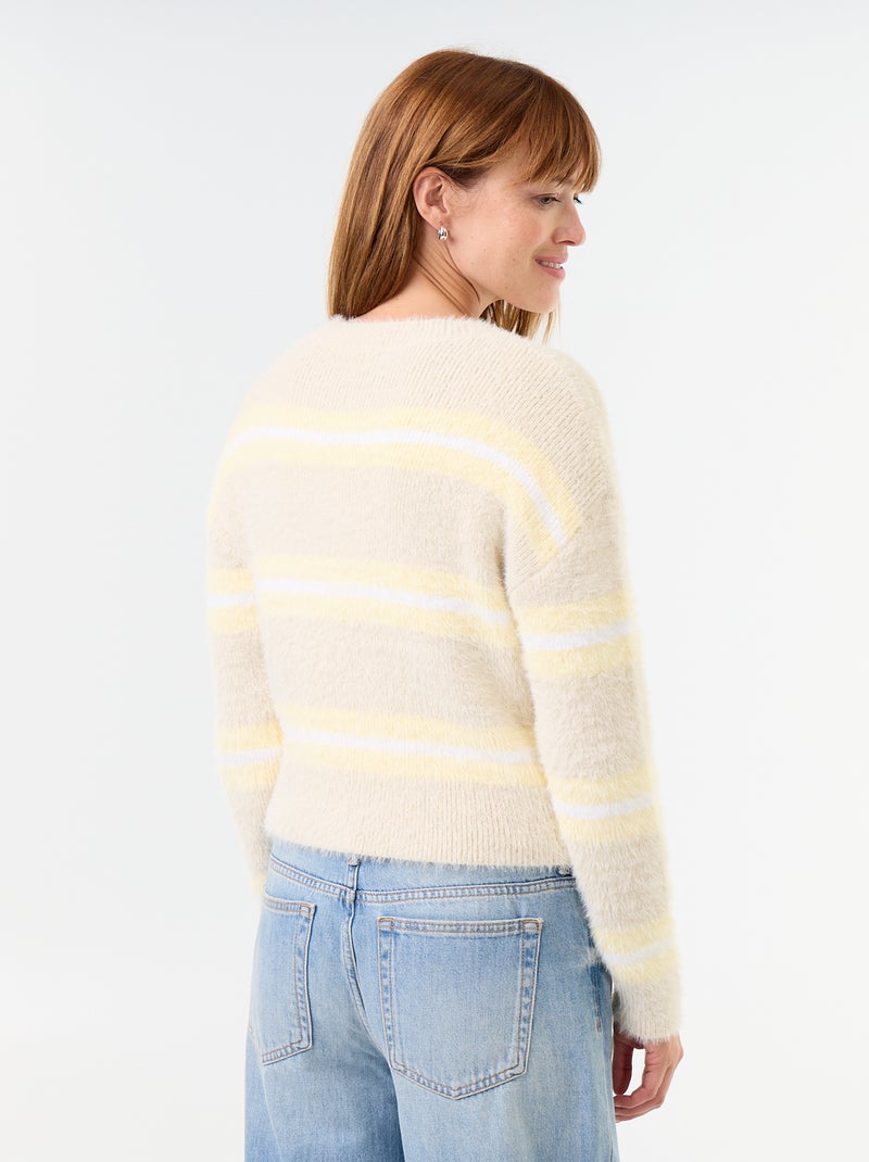 Jersey peludo rayado de cuello redondo Beige - Kiabi