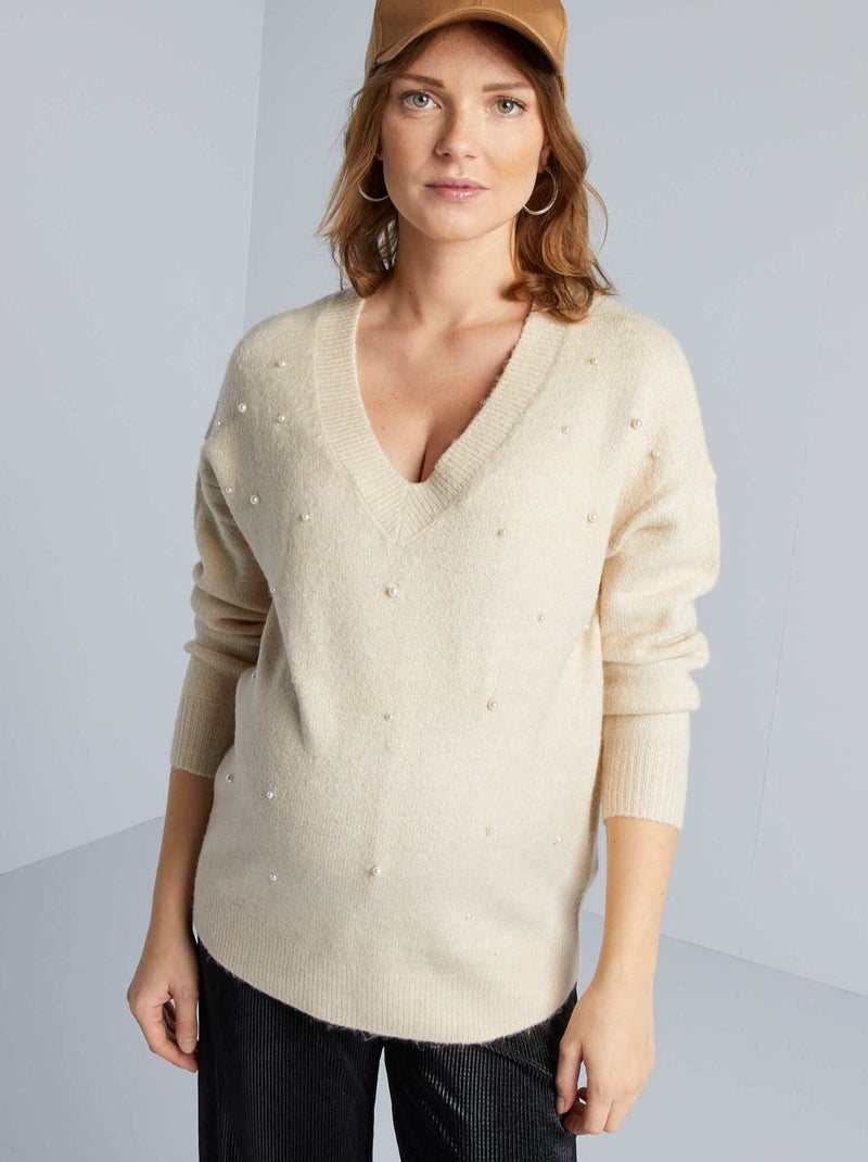 Jersey premamá de punto tricotado con perlas BEIGE - Kiabi