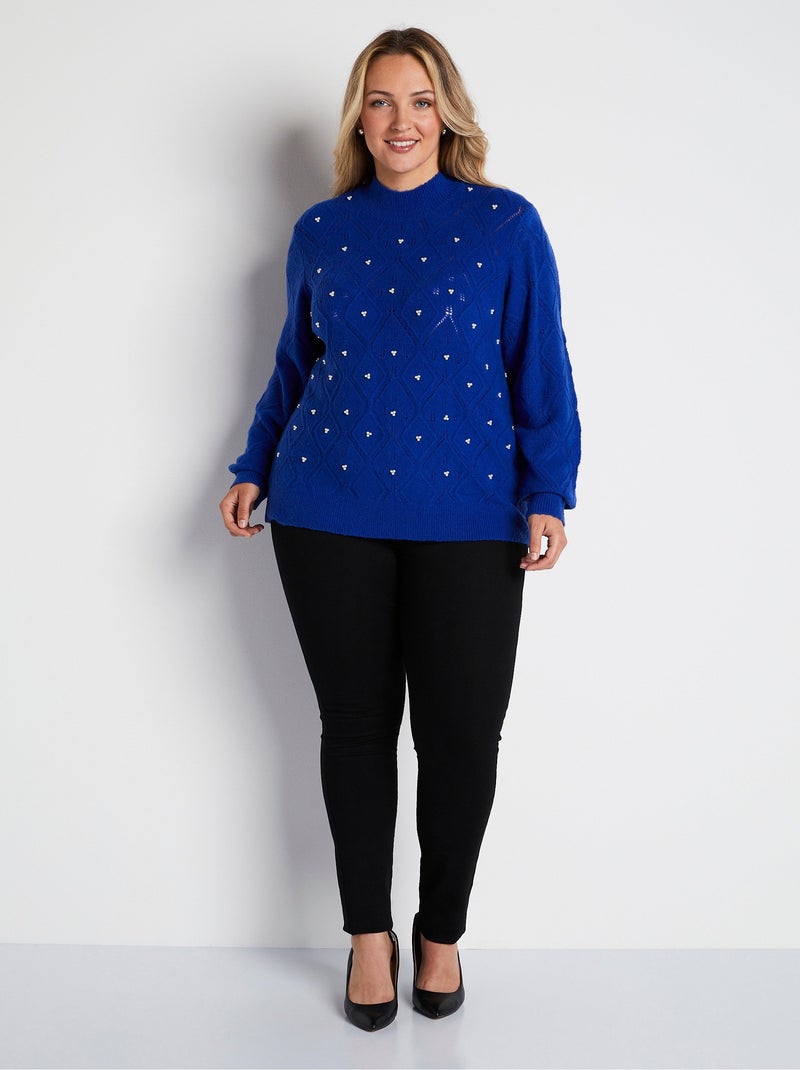 Jersey suave calado y pedrería con cuello alto - Afibel Azul - Kiabi