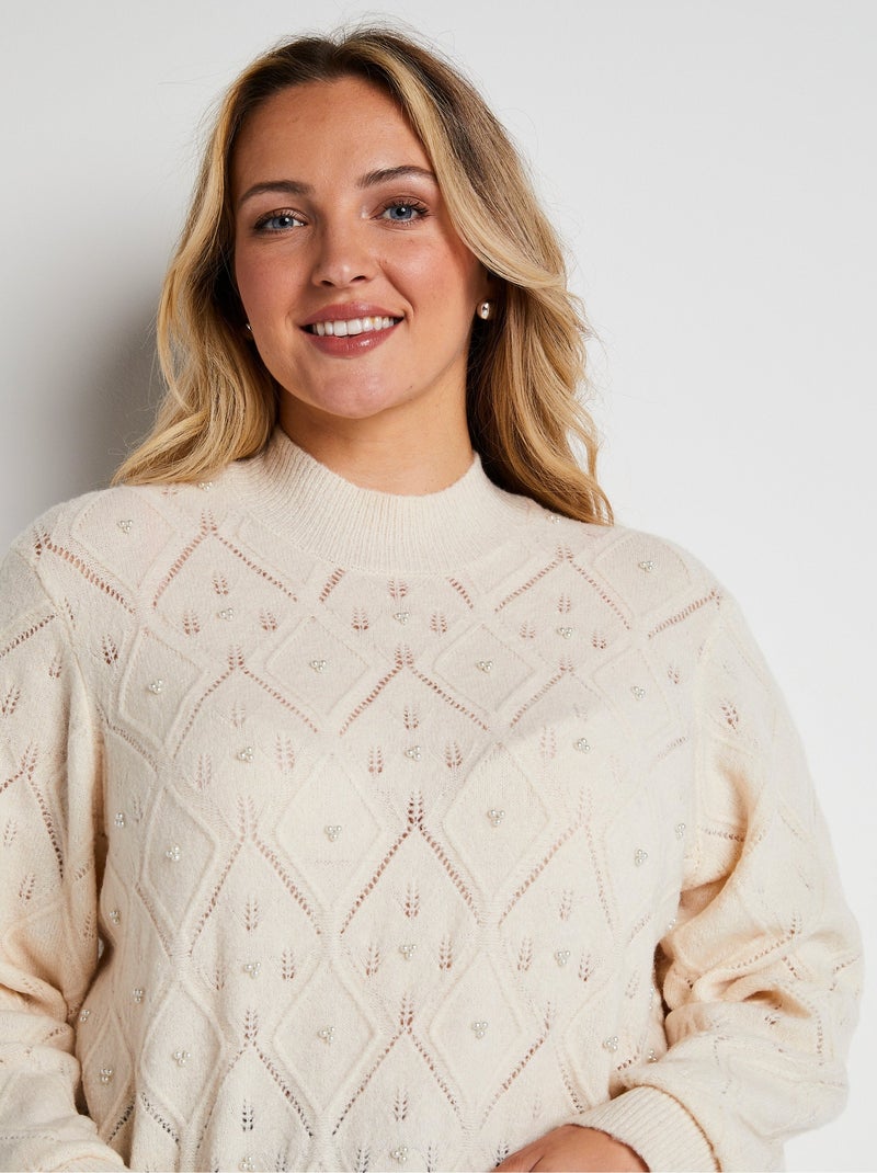 Jersey suave calado y pedrería con cuello alto - Afibel Crudo - Kiabi