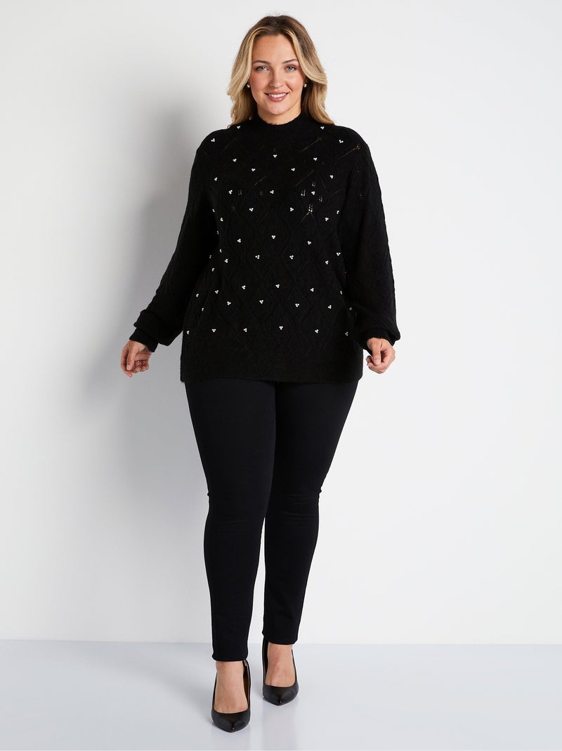 Jersey suave calado y pedrería con cuello alto - Afibel Negro - Kiabi