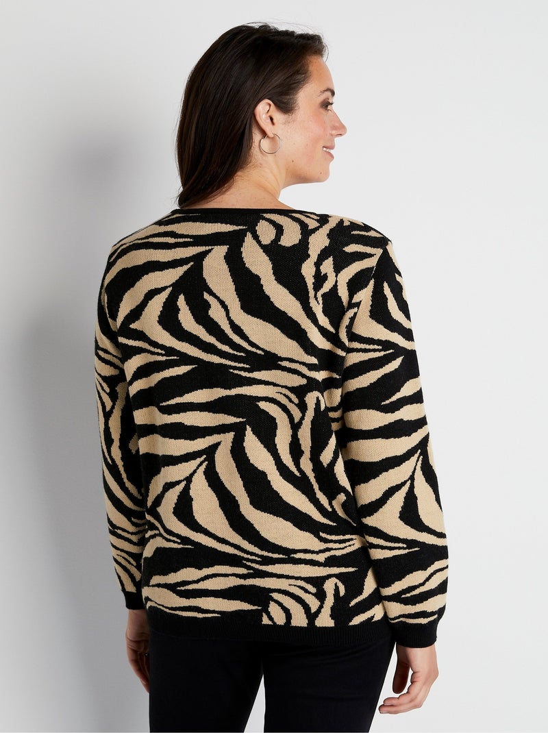 Jersey suave con cuello redondo en jacquard de cebra - Afibel Beige/Negro - Kiabi