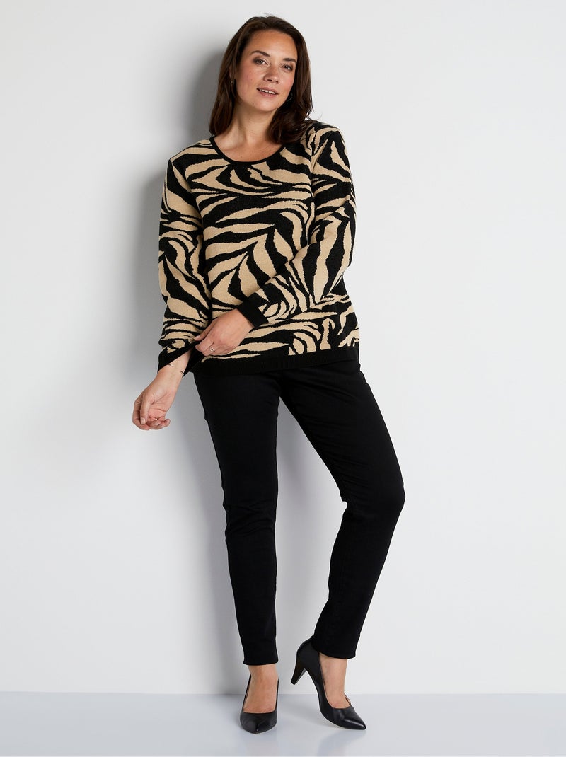 Jersey suave con cuello redondo en jacquard de cebra - Afibel Beige/Negro - Kiabi