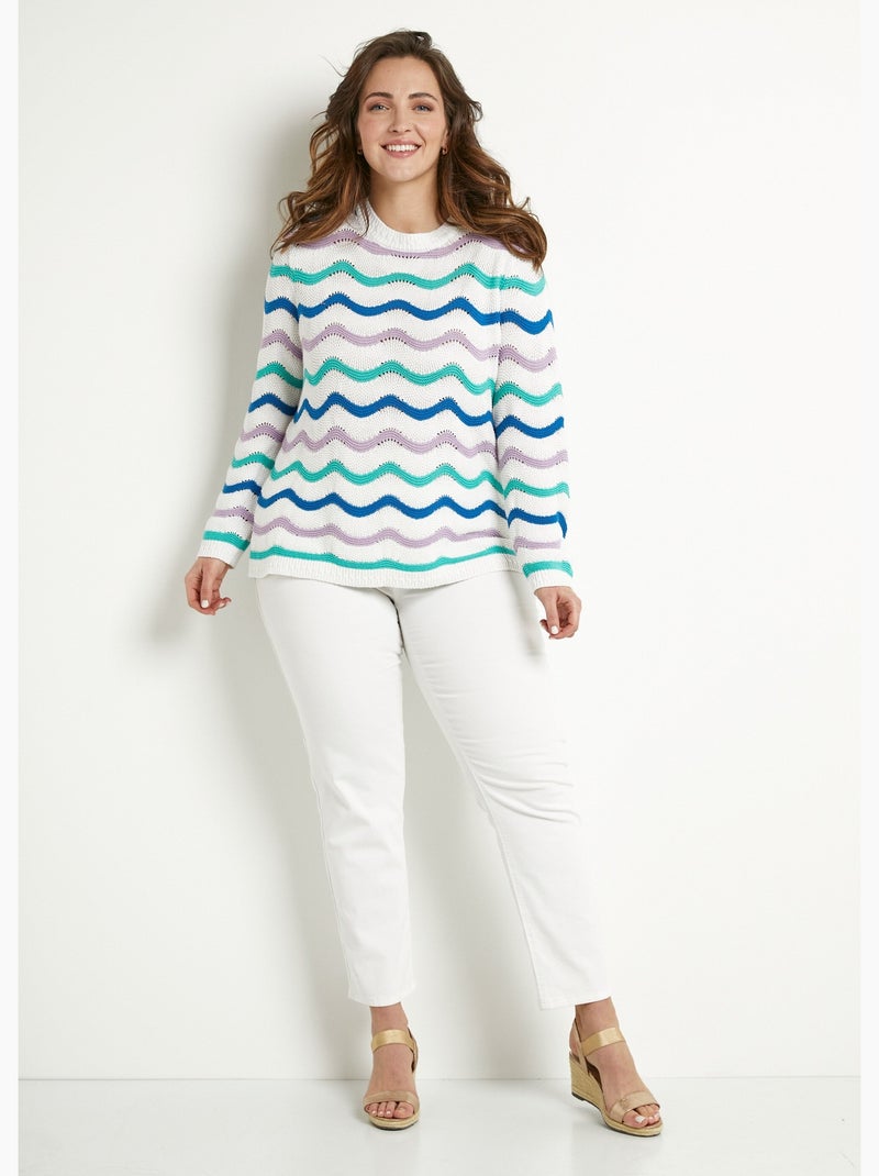 Jersey suave punto bobo rayas relieve cuello redondo - Afibel Crudo - Kiabi