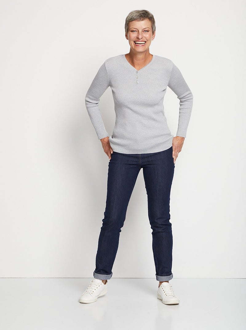 Jersey tunecino de escote con lana merino - Afibel Gris jaspeado - Kiabi