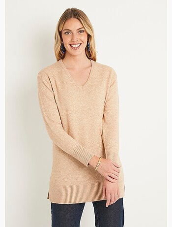 Jersey túnica largo de lana jaspeada con cuello en V - Afibel