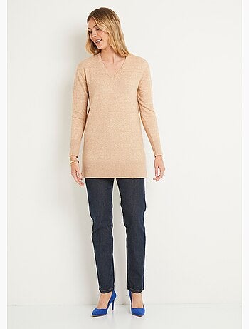 Jersey túnica largo de lana jaspeada con cuello en V - Afibel