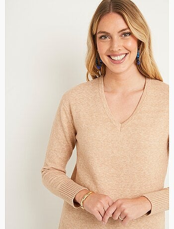 Jersey túnica largo de lana jaspeada con cuello en V - Afibel