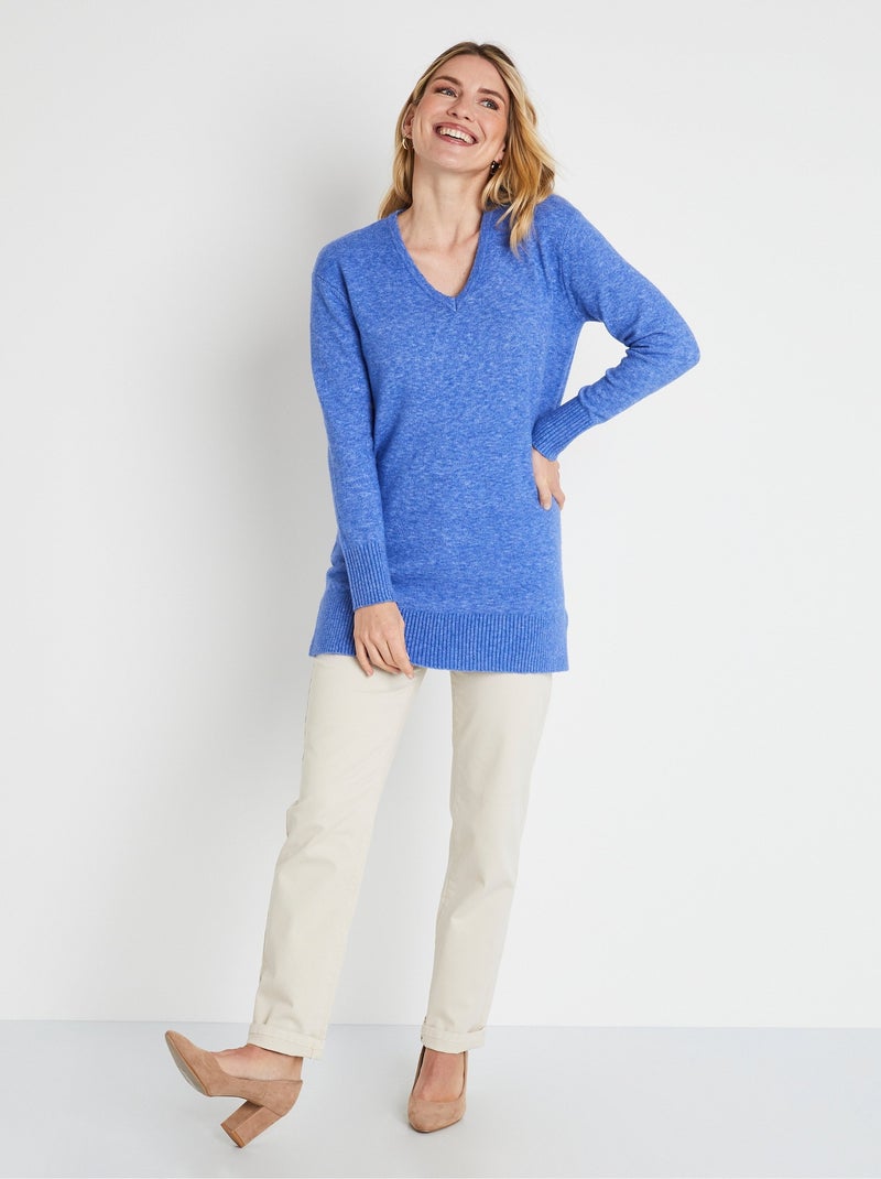 Jersey túnica largo de lana jaspeada con cuello en V - Afibel Azul - Kiabi