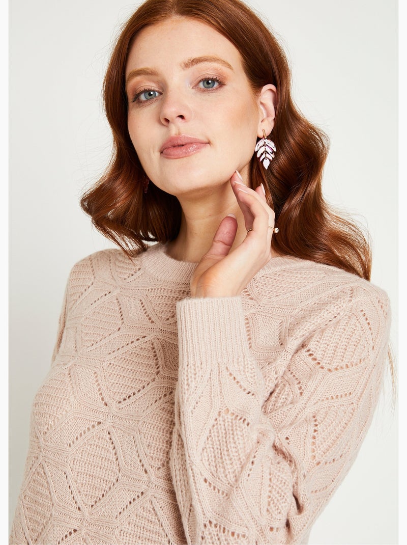 Jersey túnica, largo medio, liso, cuello redondo, vainica - Afibel Beige - Kiabi