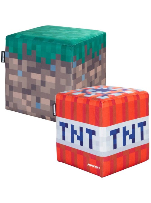 Juego de 2 puffs en terciopelo - bloque de hierba y cubo TNT 'Roba' - Minecraft - Kiabi