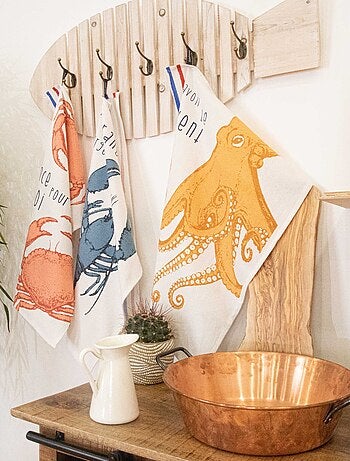 Juego de 3 paños de cocina de algodón lavado con ilustraciones marinas