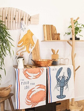 Juego de 3 paños de cocina de algodón lavado con ilustraciones marinas