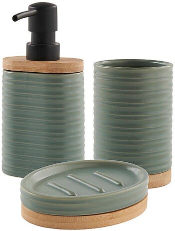 Juego de baño LILY de cerámica verde salvia estriada de 3 piezas - Guy Levasseur