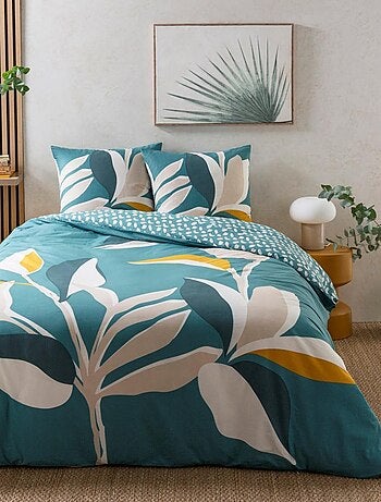 Juego de cama 2 plazas 100% algodón reversible estampado tropical hojas – Future Home