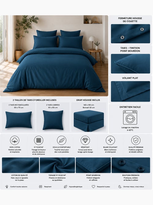 Juego de cama completo - 100% algodón 57 hilos - sábana bajera + 4 fundas de almohada - Kiabi