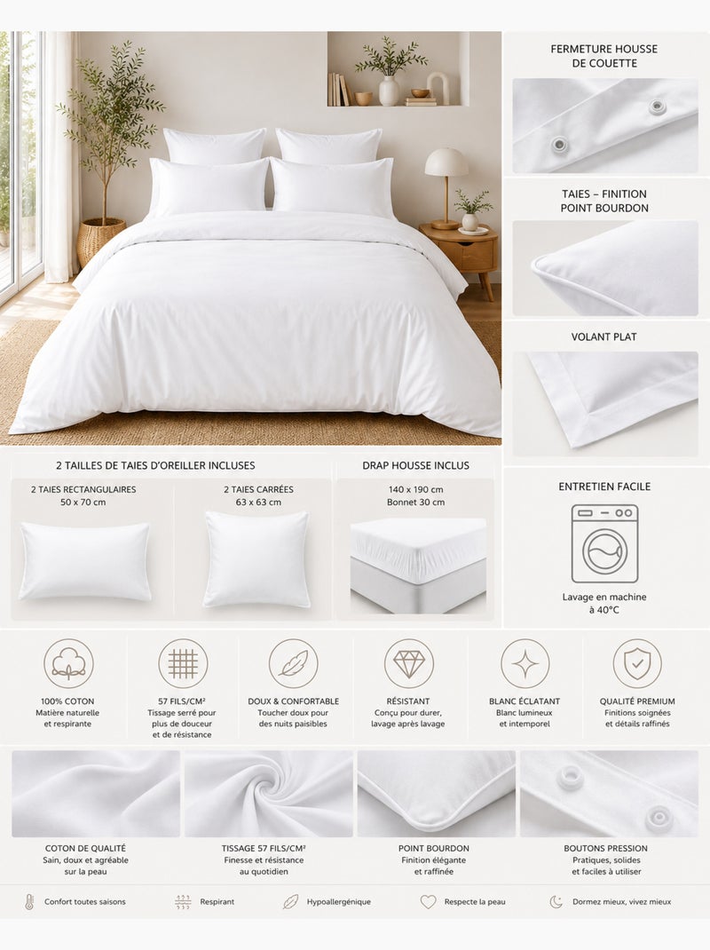 Juego de cama completo - 100% algodón 57 hilos - sábana bajera + 4 fundas de almohada Blanco - Kiabi