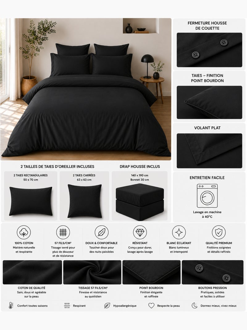 Juego de cama completo - 100% algodón 57 hilos - sábana bajera + 4 fundas de almohada Negro - Kiabi