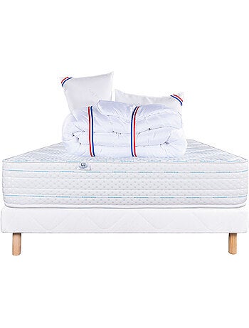 Juego de cama con colchón de espuma viscoelástica de 24 cm, somier blanco, almohadas y edredón