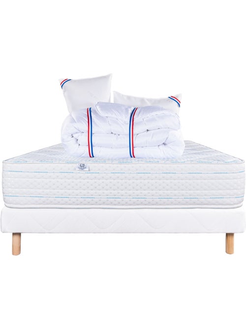 Juego de cama con colchón de espuma viscoelástica de 24 cm, somier blanco, almohadas y edredón - Kiabi Juego de cama con colchón de espuma viscoelástica de 24 cm, somier blanco, almohadas y edredón - Kiabi