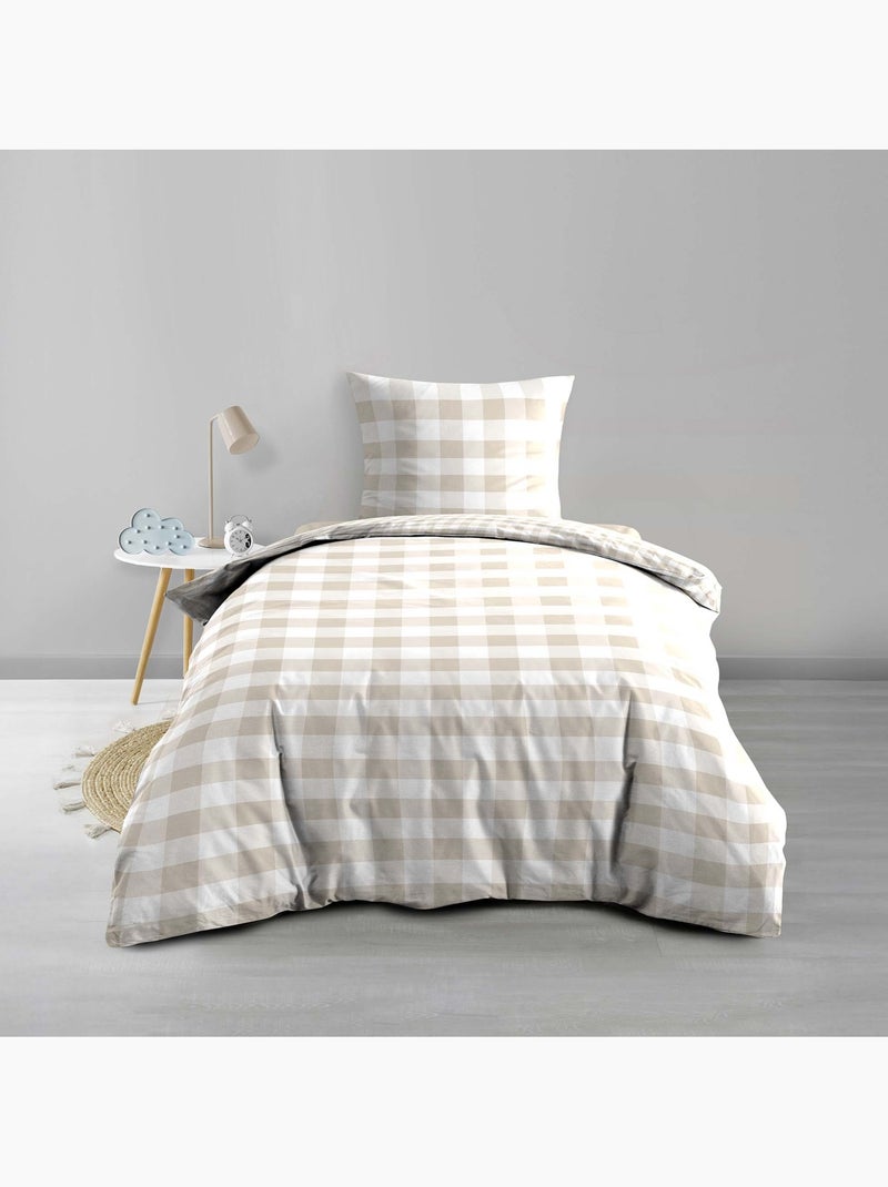 Juego de cama de 2 piezas, 100 % algodón, estampado a cuadros: funda nórdica + funda de almohada Beige gris - Kiabi