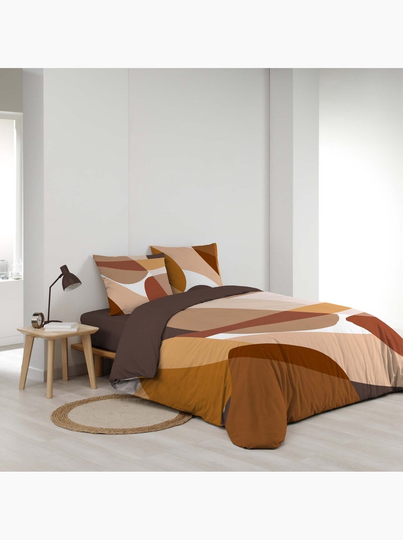 Juego de cama de 3 piezas, 100 % algodón, con diseño gráfico: funda nórdica + fundas de almohada Marrón - Kiabi