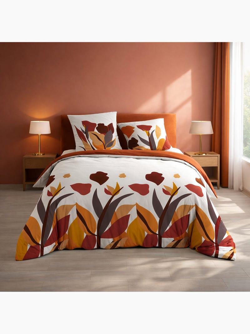 Juego de cama de 3 piezas, 100 % algodón, con estampado floral: funda nórdica y fundas de almohada Rojo - Kiabi