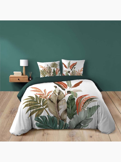Juego de cama de 3 piezas, 100 % algodón, con estampado tropical: funda nórdica + fundas de almohada - Kiabi Juego de cama de 3 piezas, 100 % algodón, con estampado tropical: funda nórdica + fundas de almohada - Kiabi