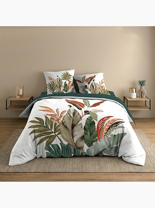 Juego de cama de 3 piezas, 100 % algodón, con estampado tropical: funda nórdica + fundas de almohada - Kiabi Juego de cama de 3 piezas, 100 % algodón, con estampado tropical: funda nórdica + fundas de almohada - Kiabi