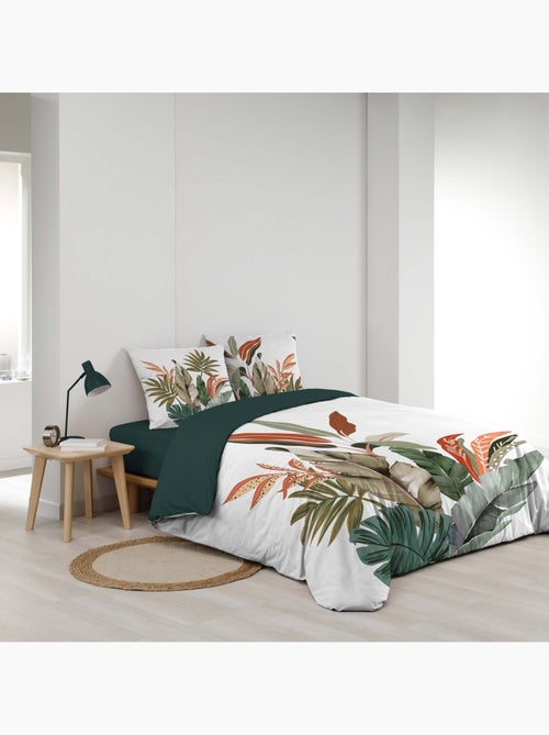 Juego de cama de 3 piezas, 100 % algodón, con estampado tropical: funda nórdica + fundas de almohada - Kiabi Juego de cama de 3 piezas, 100 % algodón, con estampado tropical: funda nórdica + fundas de almohada - Kiabi