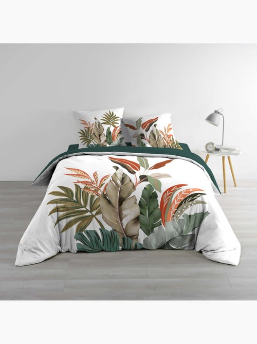 Juego de cama de 3 piezas, 100 % algodón, con estampado tropical: funda nórdica + fundas de almohada - Kiabi Juego de cama de 3 piezas, 100 % algodón, con estampado tropical: funda nórdica + fundas de almohada - Kiabi
