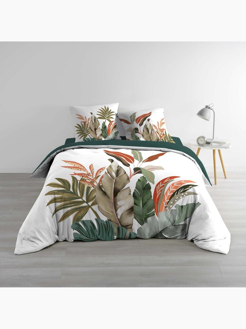 Juego de cama de 3 piezas, 100 % algodón, con estampado tropical: funda nórdica + fundas de almohada Verde - Kiabi