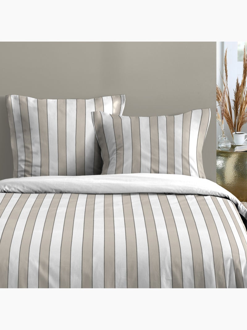 Juego de cama de 3 piezas de algodón estampado a rayas funda + fundas de almohada Beige gris - Kiabi