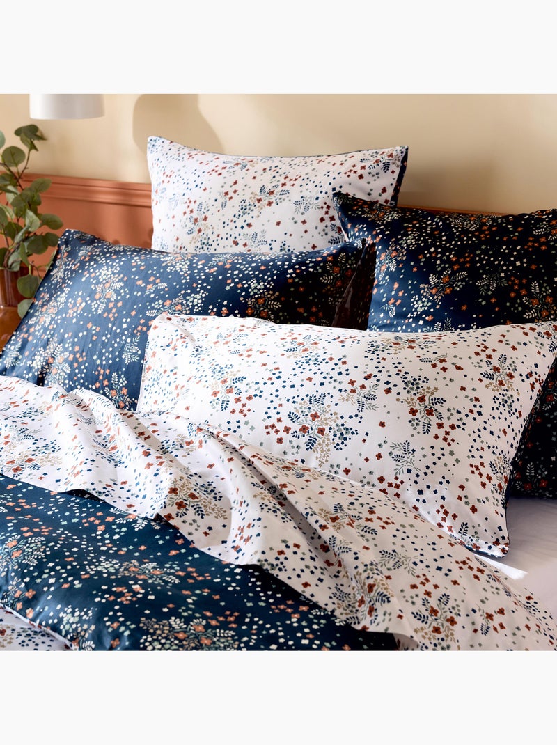 Juego de cama de 3 piezas de algodón satinado floral de 110 hilos + fundas de almohada Azul marino - Kiabi