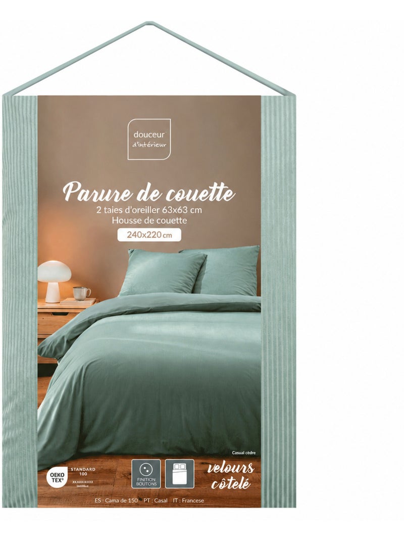 Juego de cama de 3 piezas de terciopelo acanalado liso: funda nórdica + fundas de almohada Verde - Kiabi