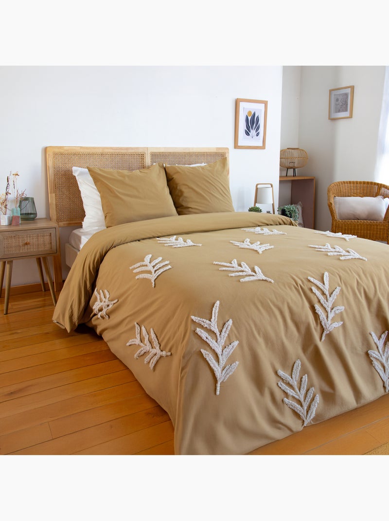 Juego de cama de algodón lavado con hojas tufté Beige - Kiabi