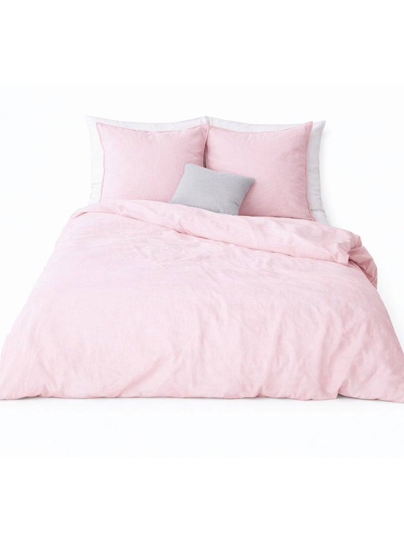 Juego de cama de algodón y lino lavado liso Rosa - Kiabi