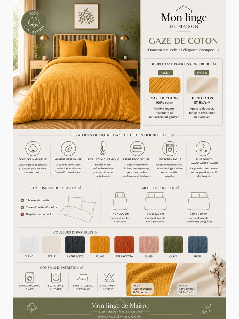 Juego de cama de gasa de algodón + 2 fundas de almohada 65 x 65 cm Amarillo - Kiabi