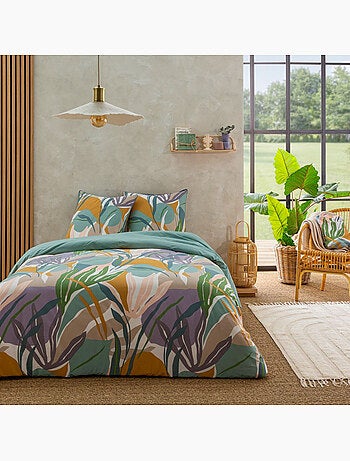 Juego de cama doble con estampado vegetal reversible, liso