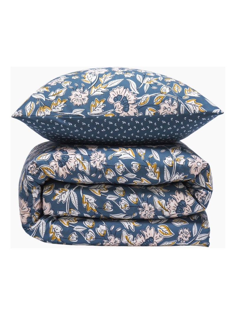 Juego de cama doble con motivos florales en percal de 70 hilos Azul - Kiabi