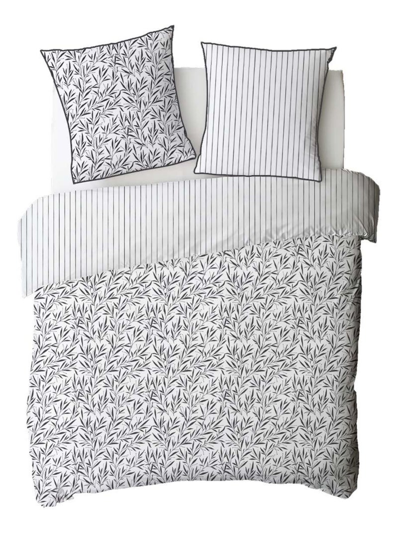Juego de cama doble de algodón con motivos de hojas y rayas Blanco - Kiabi