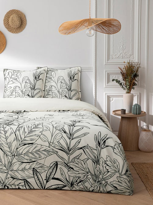 Juego de cama doble de satén de algodón con estampado vegetal - Kiabi Juego de cama doble de satén de algodón con estampado vegetal - Kiabi