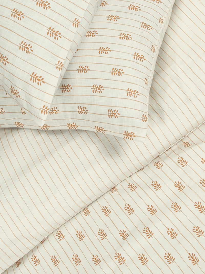 Juego de cama doble efecto lino con rayas verticales y floral estampado Crudo - Kiabi