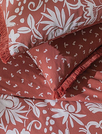 Juego de cama doble floral con flecos de algodón