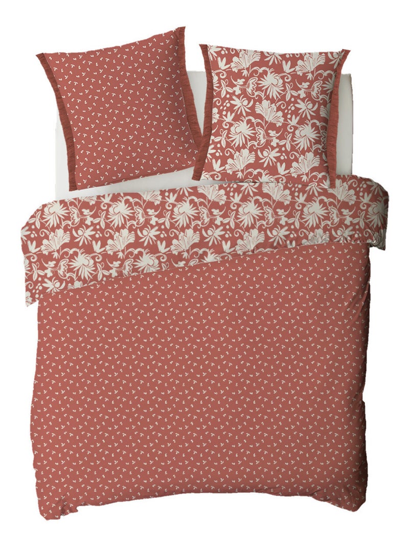 Juego de cama doble floral con flecos de algodón Rojo ladrillo - Kiabi