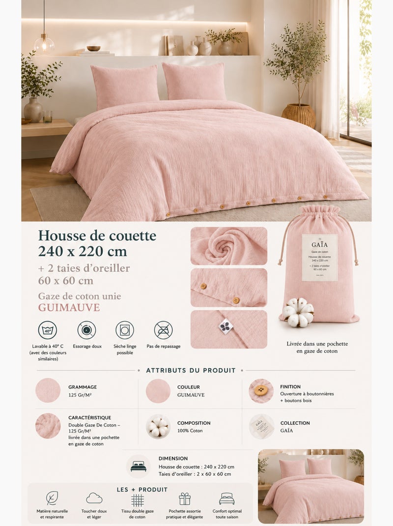 Juego de cama doble gasa de algodón gaïa + 2 fundas de almohada 60x60 cm Azul escarchado - Kiabi